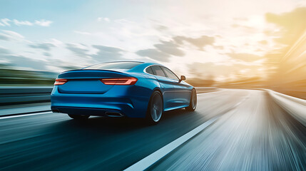 Naklejka premium Rear view of blue Business car on high speed in turn Blue car rushing along a high speed highway 