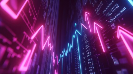 Fototapeta premium Neon Arrows Pointing Upwards on a Stock Market Chart