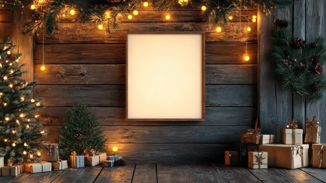 Christmas mockup of a blank poster on a rustic wooden wall, with holiday decorations, pine branches, and a warm festive glow. . Video