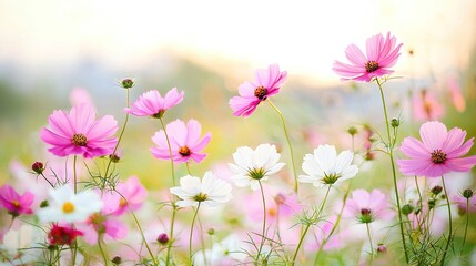 Fototapeta premium A field of pink and white flowers surrounded by green foliage