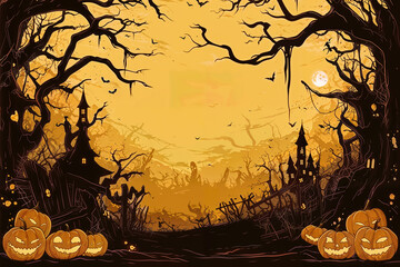 An illustration of Halloween night in a mysterious scary city with cross graves and old trees branches and castles and pumpkins and bats with copy space for web banner.