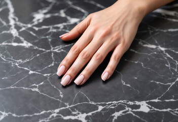 A close up of the back of a female hand with beautiful manicured nails in pale pink colors on a black marbled surface.