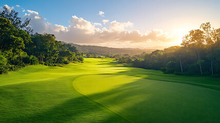 Panoramic view of Golf Course Golf field with a rich green turf beautiful scenery 