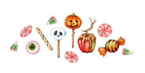 Set of various sweets and candies watercolor illustration, a popular dessert during Halloween celebration, isolated from background. Design concept poster, card, banner, clothing, wallpaper, packaging