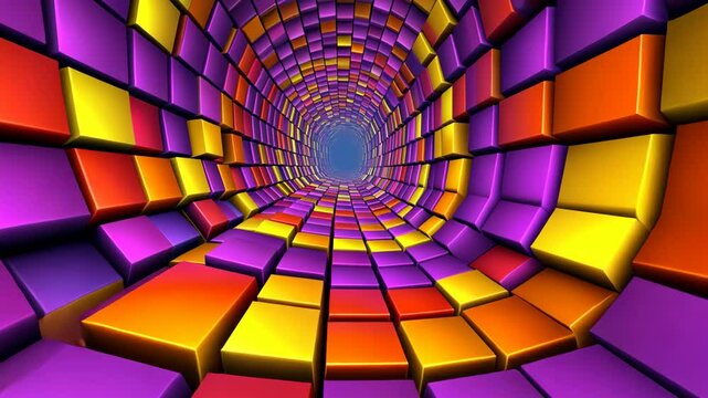 A colorful, abstract tunnel made of purple, yellow, and orange blocks