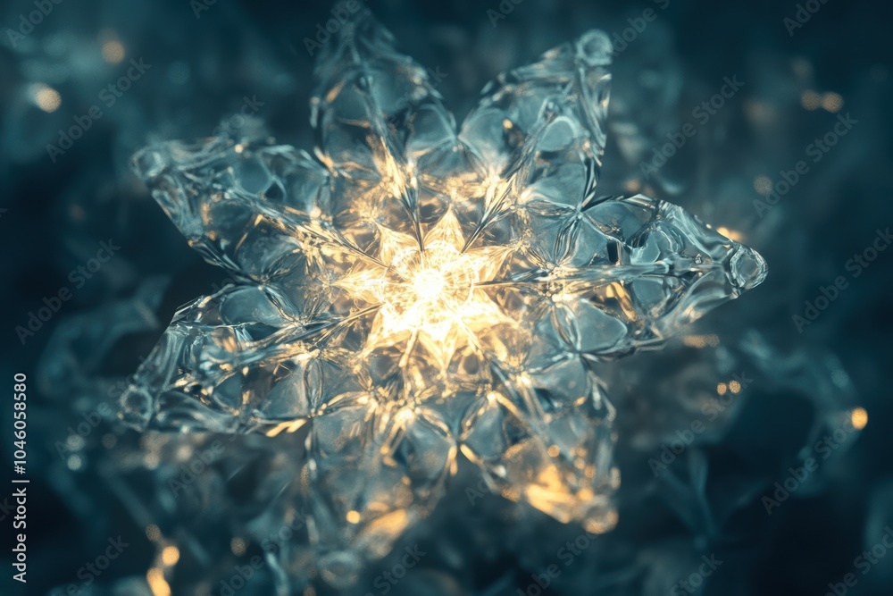 Poster glowing abstract snowflakes exhibit icy hues, showcasing nature's delicate patterns and intricate de
