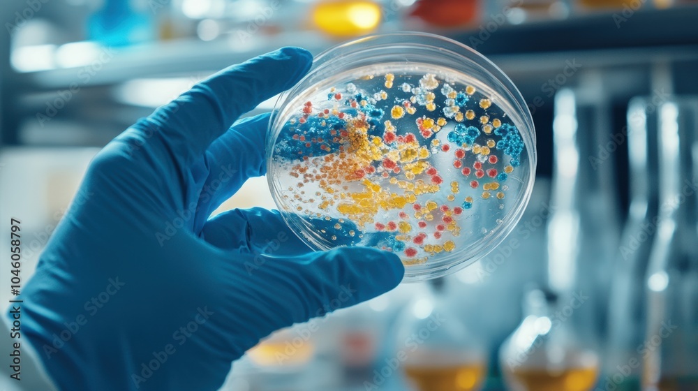 Poster a researcher is holding a petri dish filled with vibrant microorganisms while working in a laborator