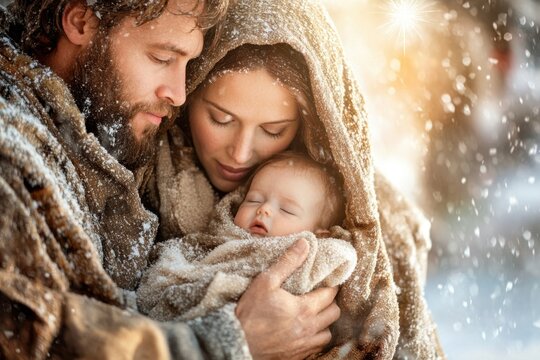 A serene winter embrace the holy family in a snowy landscape capturing love and peace, Generative Ai