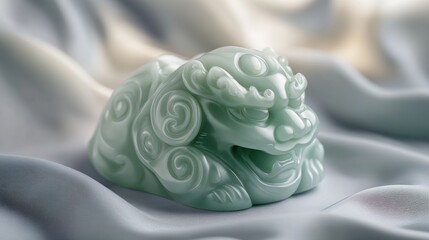 Jade lion sculpture resting on soft, flowing fabric, exuding elegance and tranquility, AI