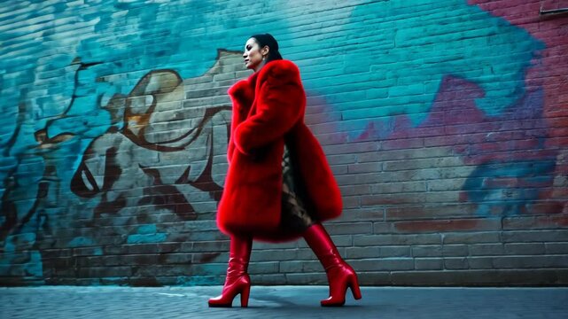 Vibrant red faux fur coat and high-heeled boots against graffiti wall - urban luxury fashion concept