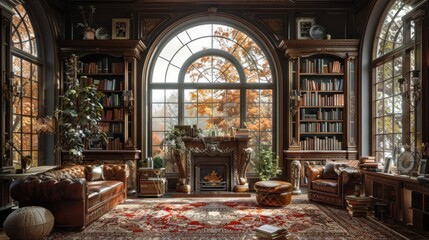 Obraz premium Elegant Library with Large Windows and a Fireplace