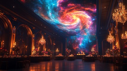 Obraz premium Galaxy-Themed Wedding Stage with Nebula Projections A projection of swirling nebula clouds and stars is cast across the backdrop, creating a vibrant galaxy setting.