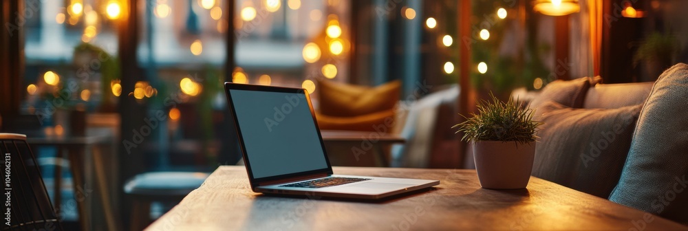 Poster a laptop sits on a wooden table in a café, bathed in warm light from surrounding lamps, creating a p