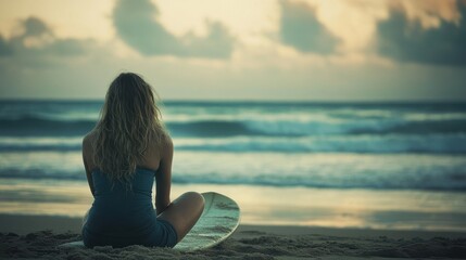 Fototapeta premium Thoughtful woman with surfboard sitting at beach