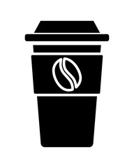 Coffee to go cup with lid - vector silhouette image for icon or pictogram. Black Thermos cup with cappuccino for logo or sign.