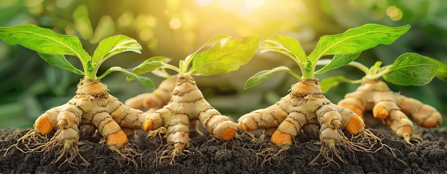 Turmeric plants with roots and leaves in morning light, the organic turmeric plants in rich soil with sunlight glow.