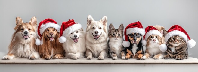 Joyful holiday gathering a heartwarming scene of dogs and a cat in festive santa hats celebrating together in the spirit of christmas, Generative Ai