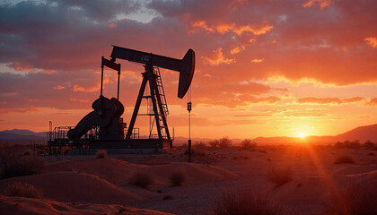Naklejka premium Crude oil pumpjack silhouetted against a vibrant sunset in the desert, highlighting energy's resilience.