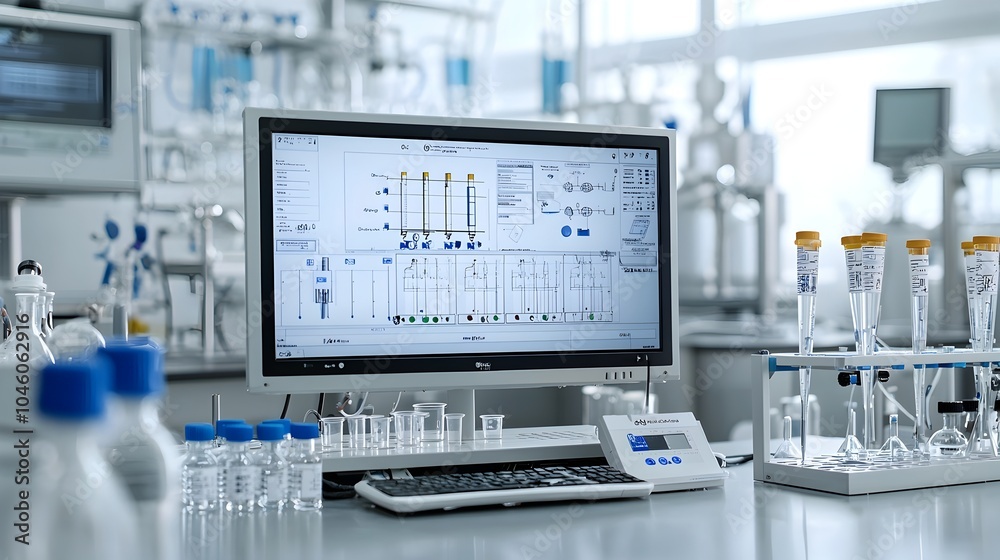 Poster biofuel technician conducting tests and research in a state of the art laboratory equipped with adva