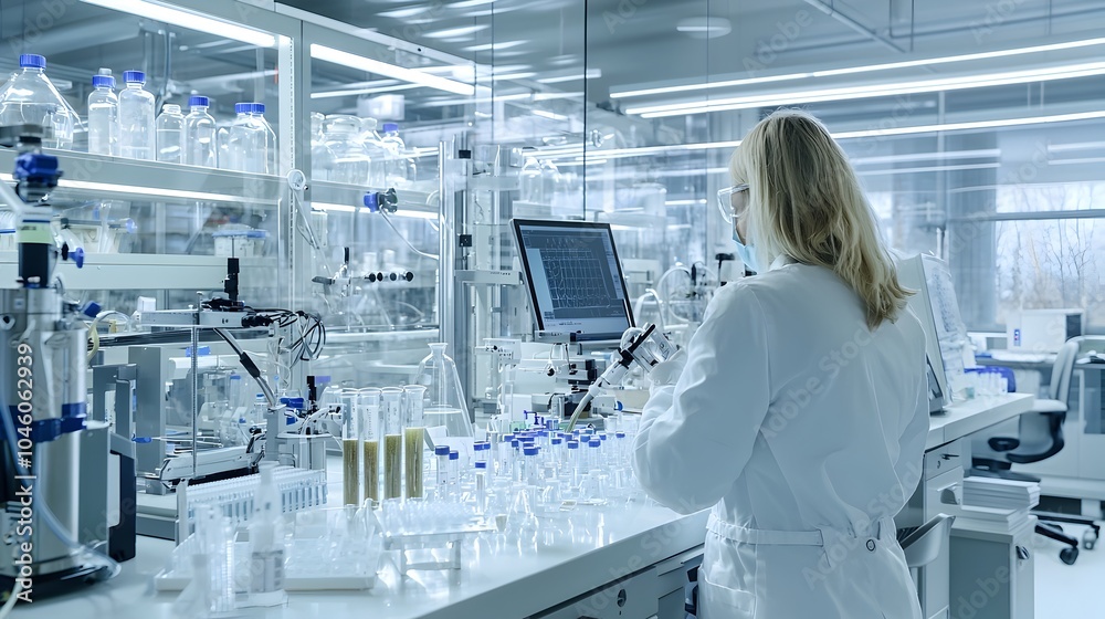 Poster technician carefully analyzing biofuel samples using advanced equipment and technology in a modern h