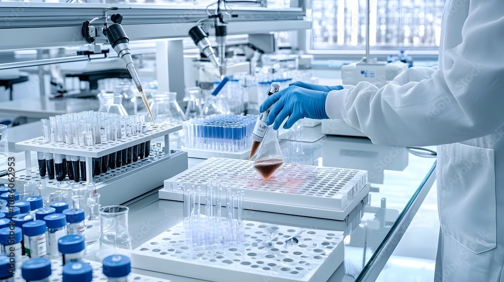 Poster technician analyzing biofuel samples in advanced high tech laboratory for clean energy testing and r