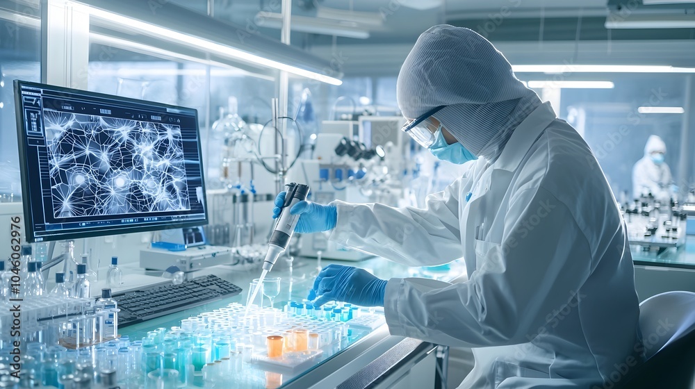 Poster scientist conducting biofuel testing and analysis in a sleek cutting edge digital laboratory setup f