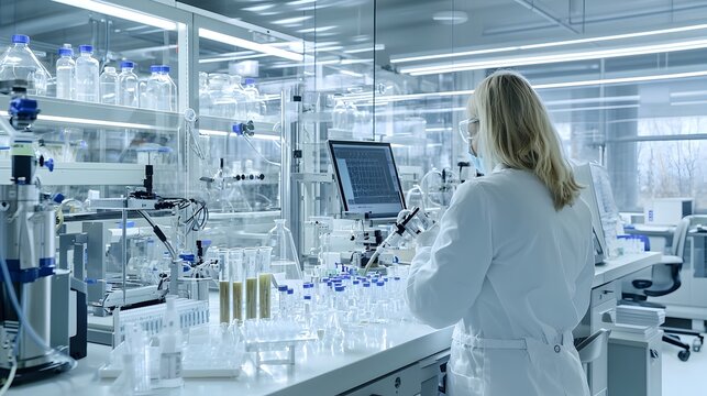 Technician carefully analyzing biofuel samples using advanced equipment and technology in a modern high tech laboratory setting for clean energy research and development
