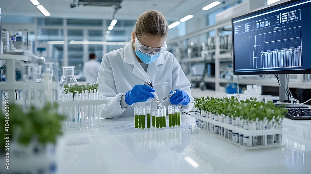 Poster technician conducting precision biofuel tests and analysis in an advanced clean energy research labo