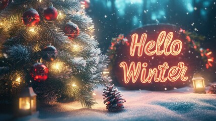 Festive christmas tree with ornaments and lanterns in snowy forest night scene with "hello winter" sign - winter concept