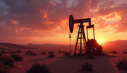 Naklejka premium Crude oil pumpjack silhouetted against a vibrant sunset in the desert, highlighting energy's resilience.