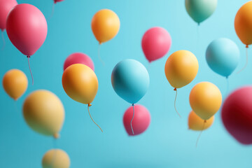 Colorful balloons floating in the air above a lively street festival, creating a vibrant and festive atmosphere full of joy and celebration.