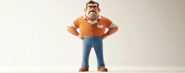 Angry cartoon figure standing confidently with hands on hips, dressed in casual wear and displaying annoyance against a white canvas