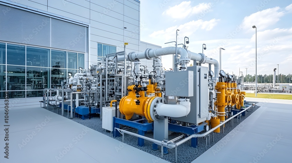 Poster impressive modern industrial natural gas processing plant with an extensive network of clean sophist