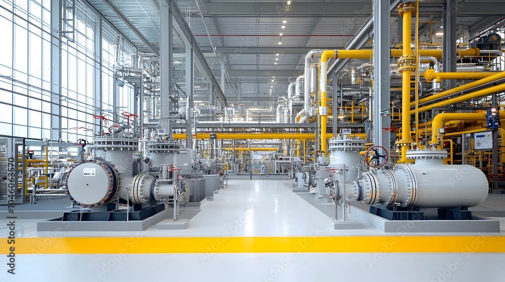 Poster detailed view of a state of the art natural gas processing facility featuring a complex pipe layout 