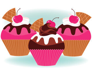 three pink cupcakes