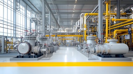 Fototapeta premium Detailed view of a state of the art natural gas processing facility featuring a complex pipe layout clean industrial design