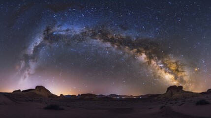 Fototapeta premium Night sky filled with stars and the Milky Way over a desert landscape, showcasing the celestial wonders visible from Earth