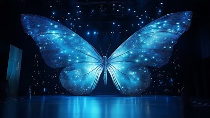 Obraz premium Butterfly Dream Wedding Stage with Giant Wings Giant, glowing butterfly wings spread from the center of the stage, symbolizing transformation and flight.