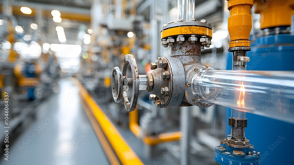 Poster tight shot of a weathered refinery valve with high pressure fuel processing visible through clear tu