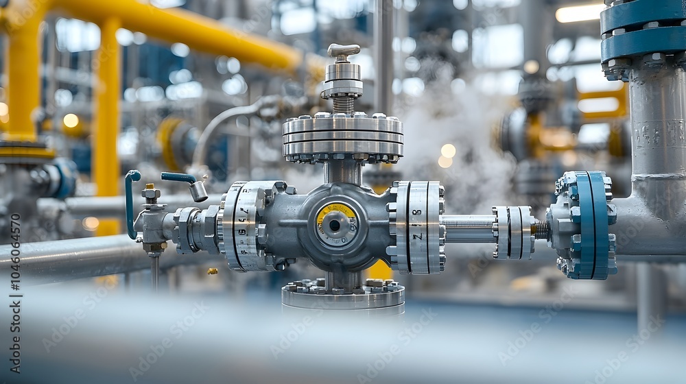 Poster close up view of a complex refinery valve processing high pressure fuel surrounded by a network of m
