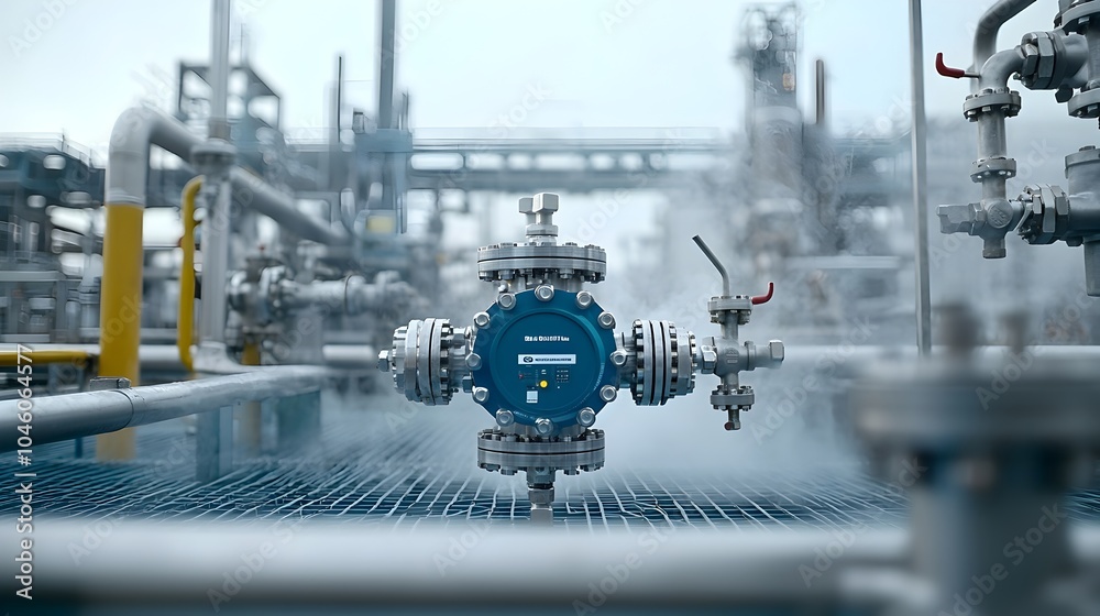 Poster detailed close up view of a metallic refinery valve processing high pressure fuel surrounded by an a