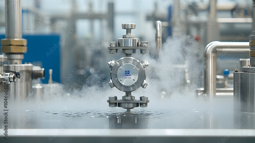 Poster detailed close up view of a refinery valve controlling the flow of high pressure fuel surrounded by 