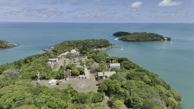 Drone flies east over the entire Royal Island, heading toward Saint Joseph's Island in the Salvation Islands, near Kourou, French Guiana, France