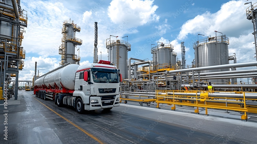 Poster smooth logistics and precise coordination of industrial fuel tanker being carefully loaded at a refi