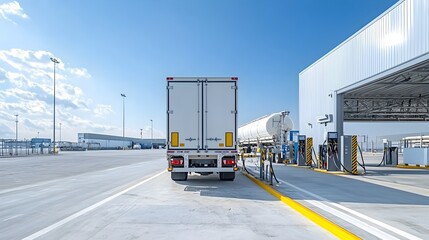Fuel tanker parked at a loading station precision fueling in progress seamless industrial logistics under clear skies above the distribution terminal