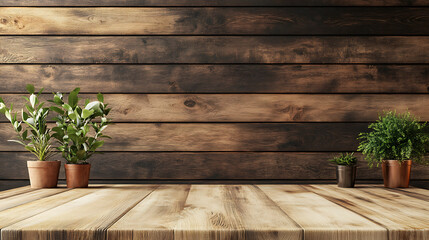 table with wood wall in background