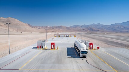 Fuel tanker parked at a loading station precision fueling in progress seamless of industrial logistics under clear skies  Efficient organized