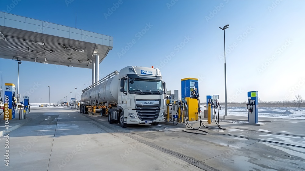 Poster Seamless fueling as a tanker truck is loaded at a modern processing facility with integrated logistics and technology working in harmony to optimize the workflow and distribution of energy resources