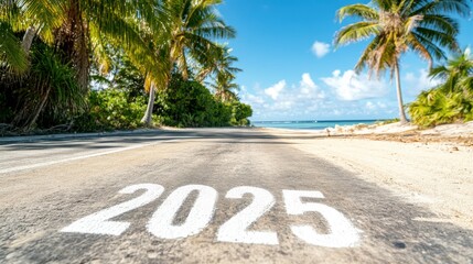 A scenic road stretches towards a tropical beach, surrounded by lush palm trees and blue skies, with '2025' painted on the pavement, evoking a sense of anticipation.