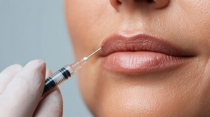 A focused cosmetic injection is being administered to plump lips, emphasizing beauty, care, and the precise technique involved in enhancing facial features.